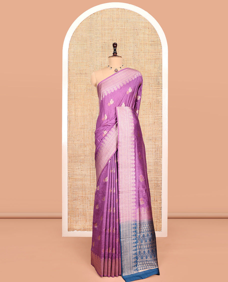 Purple Matka Silk Saree, Adorned with Buttas All Over Its Body, Highlighted by a Self-Border of Traditional Designs, Intricately Designed Pallu, and Paired with Contrast Blouse