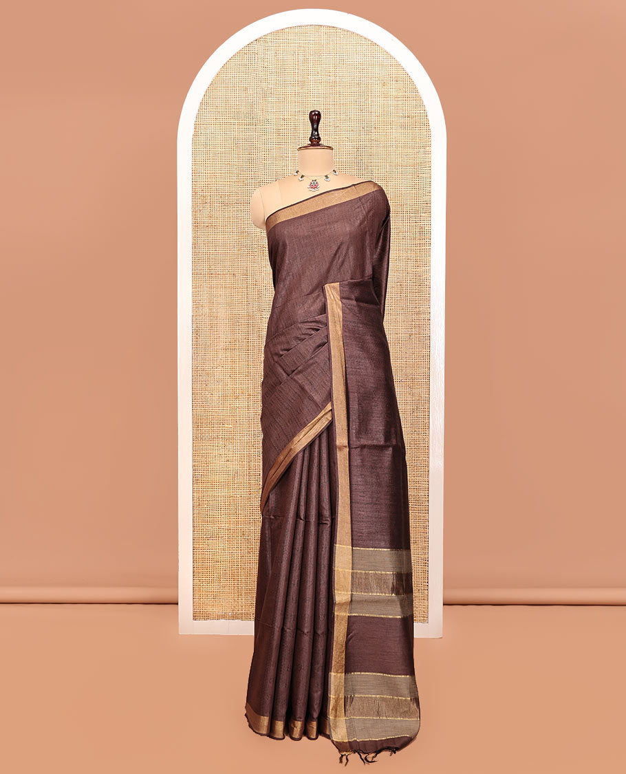 Brown Textured Tussar Silk Saree, a Subtle Border, a Striped Pallu, and a Matching Blouse