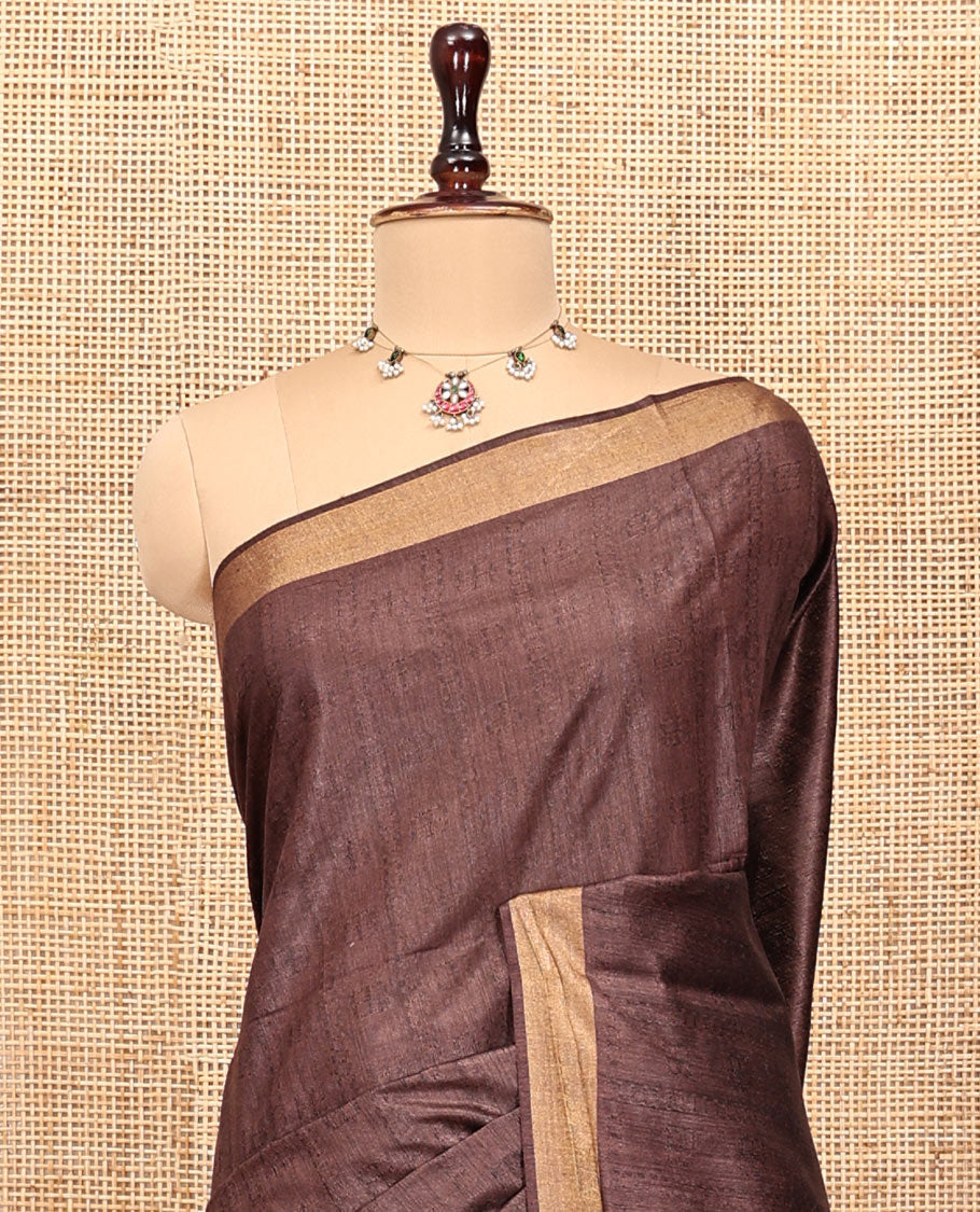 Brown Textured Tussar Silk Saree, a Subtle Border, a Striped Pallu, and a Matching Blouse