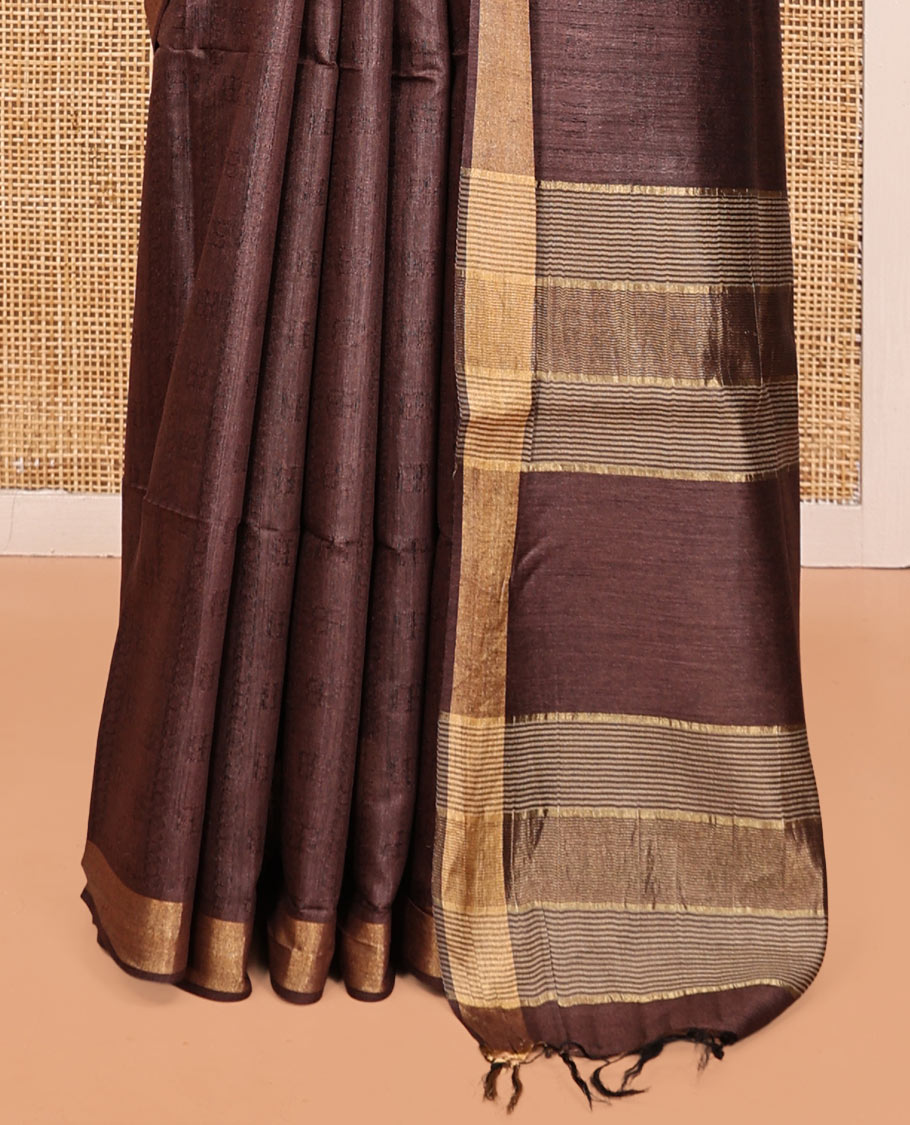 Brown Textured Tussar Silk Saree, a Subtle Border, a Striped Pallu, and a Matching Blouse
