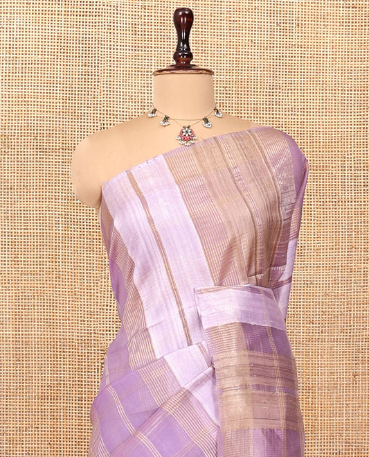 Borderless Purple Zari Striped Tussar Silk Saree, a Zari Woven Pallu, and Matching Blouse