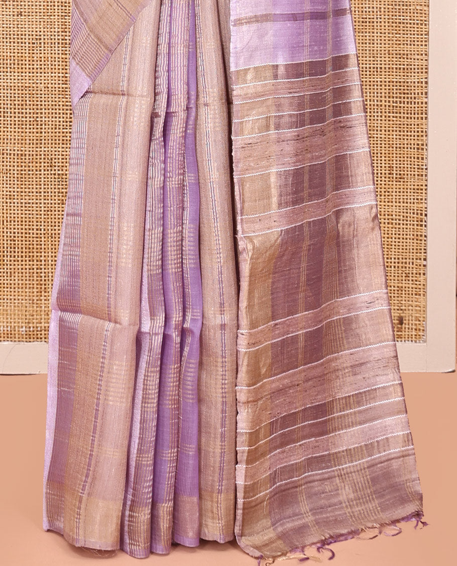 Borderless Purple Zari Striped Tussar Silk Saree, a Zari Woven Pallu, and Matching Blouse