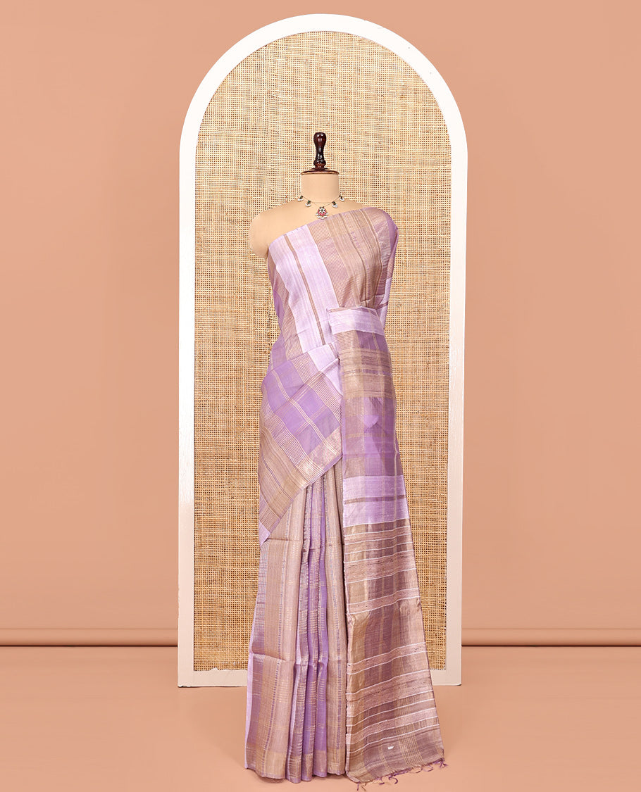 Borderless Purple Zari Striped Tussar Silk Saree, a Zari Woven Pallu, and Matching Blouse