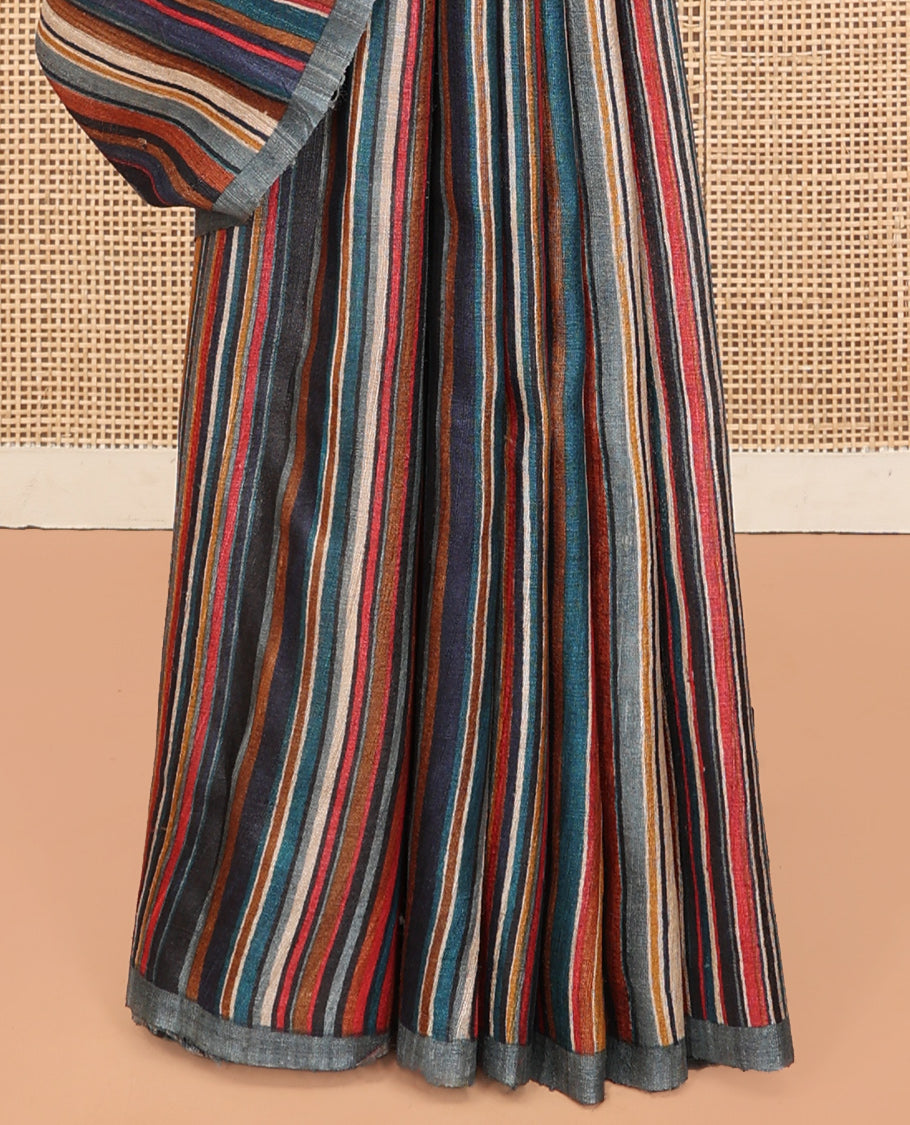 Borderless Multi-Color Tussar Silk Saree, Steeped with Abstract Stripes Print, a Subtle Chevron Striped Pallu, and a Contrast Blouse