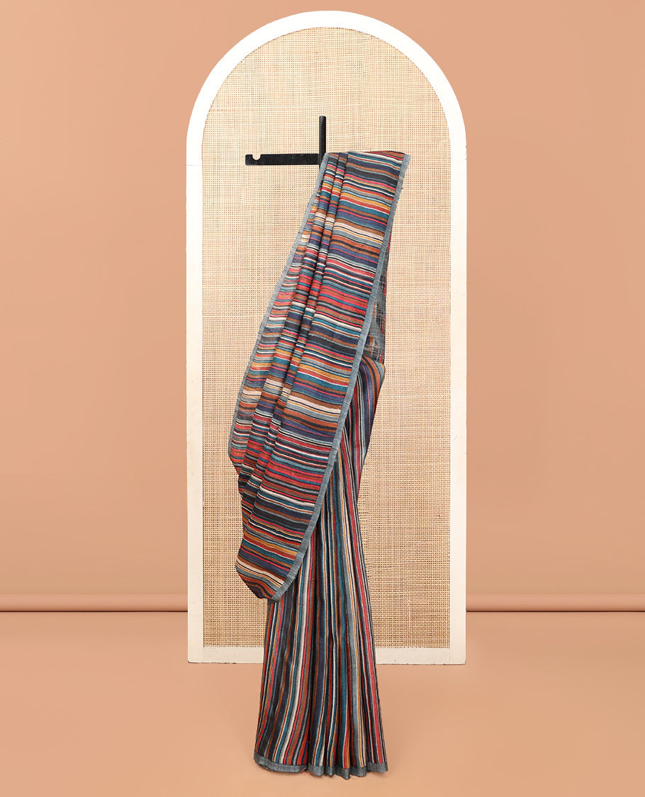 Borderless Multi-Color Tussar Silk Saree, Steeped with Abstract Stripes Print, a Subtle Chevron Striped Pallu, and a Contrast Blouse