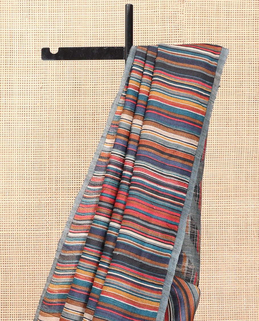 Borderless Multi-Color Tussar Silk Saree, Steeped with Abstract Stripes Print, a Subtle Chevron Striped Pallu, and a Contrast Blouse