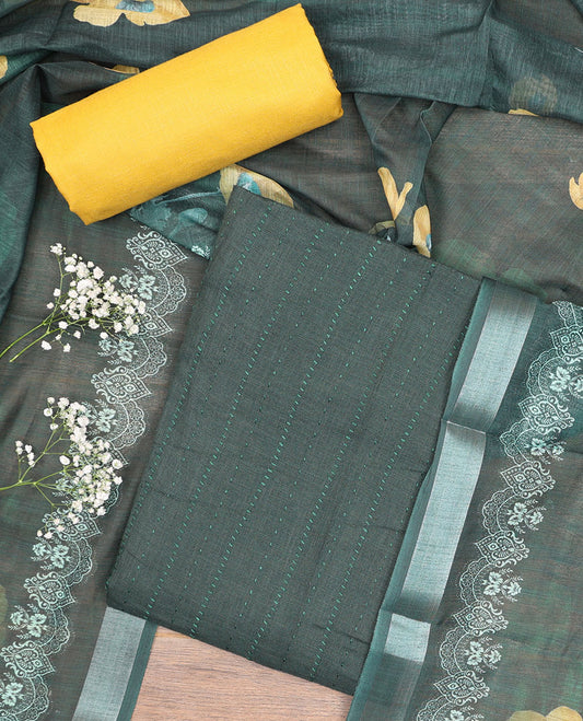 Green cotton chudidhar material set, thread work top, contrast plain bottom, & floral printed dupatta