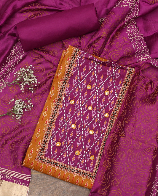 Mustard material chudidar set, ikkat buttas with neck patch embroidered top, contrast plain bottom, and block printed dupatta