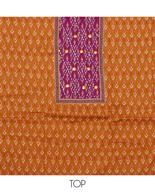 Mustard material chudidar set, ikkat buttas with neck patch embroidered top, contrast plain bottom, and block printed dupatta