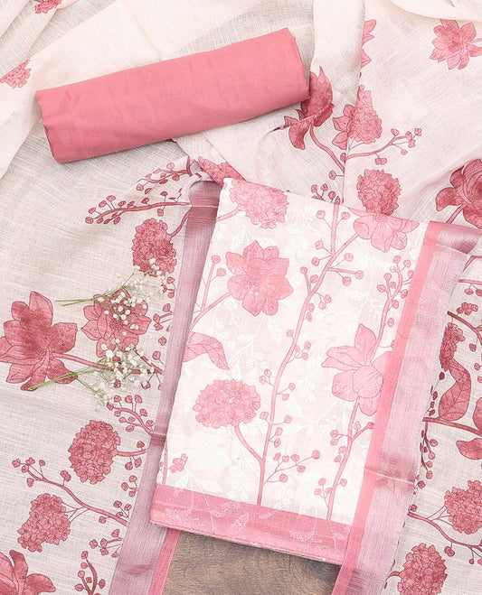 Cream-pink material chudidar set, floral print and thread woven top, contrast plain bottom, and floral printed dupatta