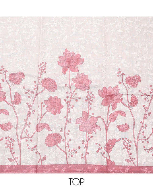 Cream-pink material chudidar set, floral print and thread woven top, contrast plain bottom, and floral printed dupatta