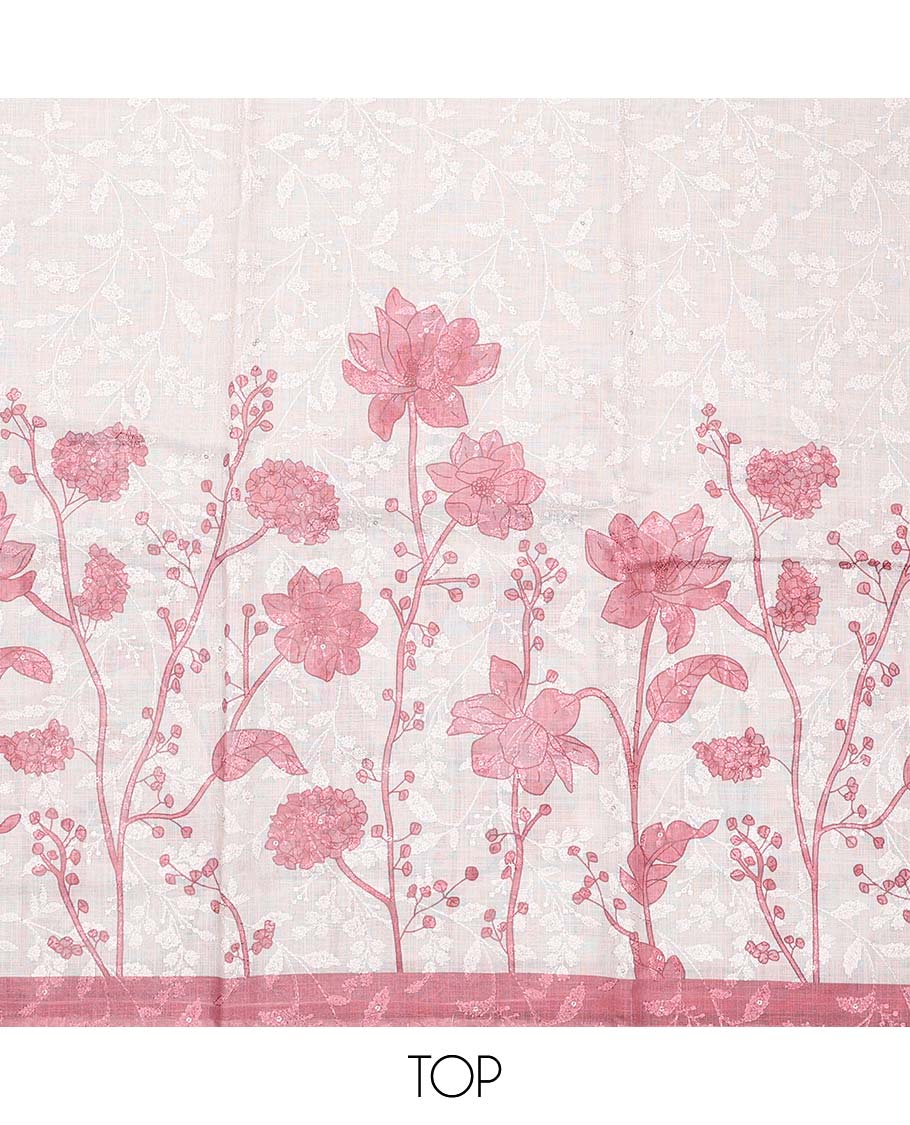 Cream-pink material chudidar set, floral print and thread woven top, contrast plain bottom, and floral printed dupatta