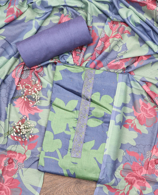 Grey and Green Material Chudidar Set, Bedecked with Silhouette-Style Floral Print, and Stone Work on Its Rayon Top, a Plain Rayon Bottom, and Paired with a Floral Printed Rayon Dupatta