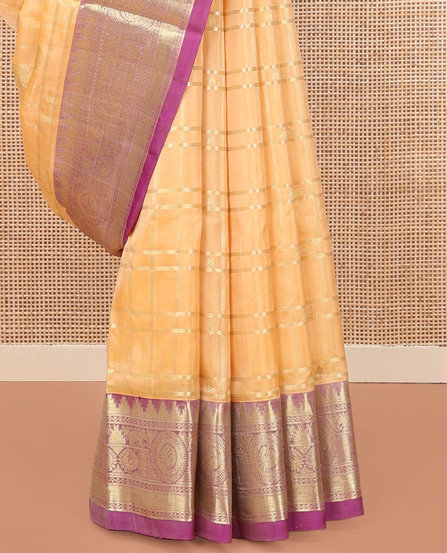 Sandal Venkatagiri Silk Saree, Masterfully Woven with Zari Buttas and Zari Stripes All Over Its Body, Complemented by a Contrast Temple Traditional Zari Border of Peacock and Elephant Designs, Grand Pallu of Jaal Designs, and Paired with a Contrast Blouse