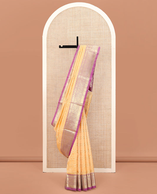 Sandal Venkatagiri Silk Saree, Masterfully Woven with Zari Buttas and Zari Stripes All Over Its Body, Complemented by a Contrast Temple Traditional Zari Border of Peacock and Elephant Designs, Grand Pallu of Jaal Designs, and Paired with a Contrast Blouse