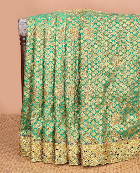Green jacquard floral vine embroidered silk saree, cut work embroidered scallop zari border & intricate zari & embroidered pallu