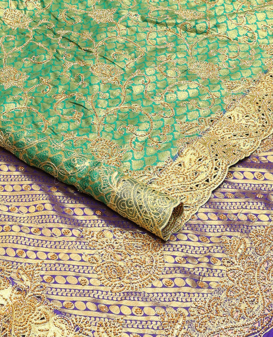 Green jacquard floral vine embroidered silk saree, cut work embroidered scallop zari border & intricate zari & embroidered pallu