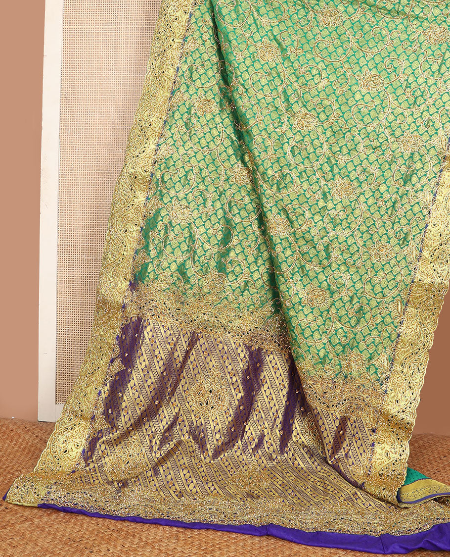 Green jacquard floral vine embroidered silk saree, cut work embroidered scallop zari border & intricate zari & embroidered pallu