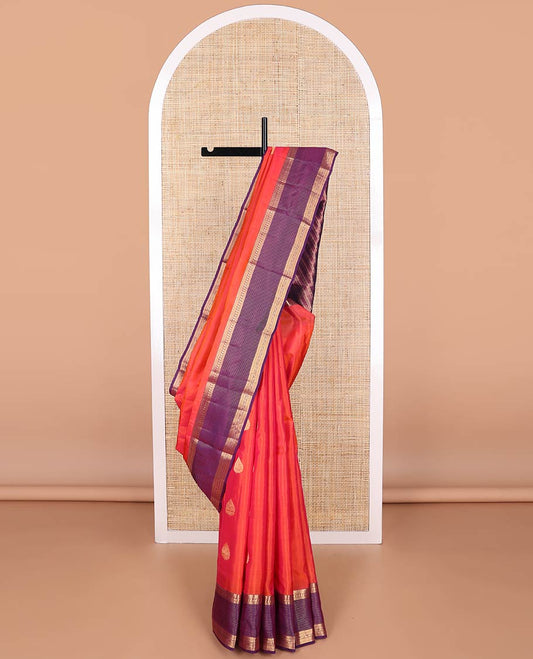 Red leaf buttas vasundhara elite silk saree with contrast rettai pettu zari design border & striped floral design pallu
