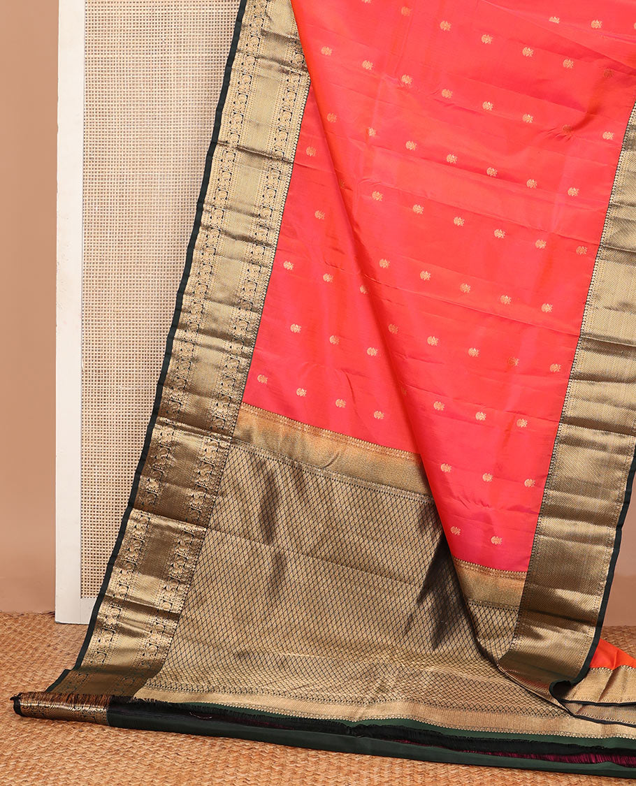 Orange iruthala pakshi Vasundhara silk mix saree, contrast border of thilakam,paisa,mayil & zari stripes & jaal pallu