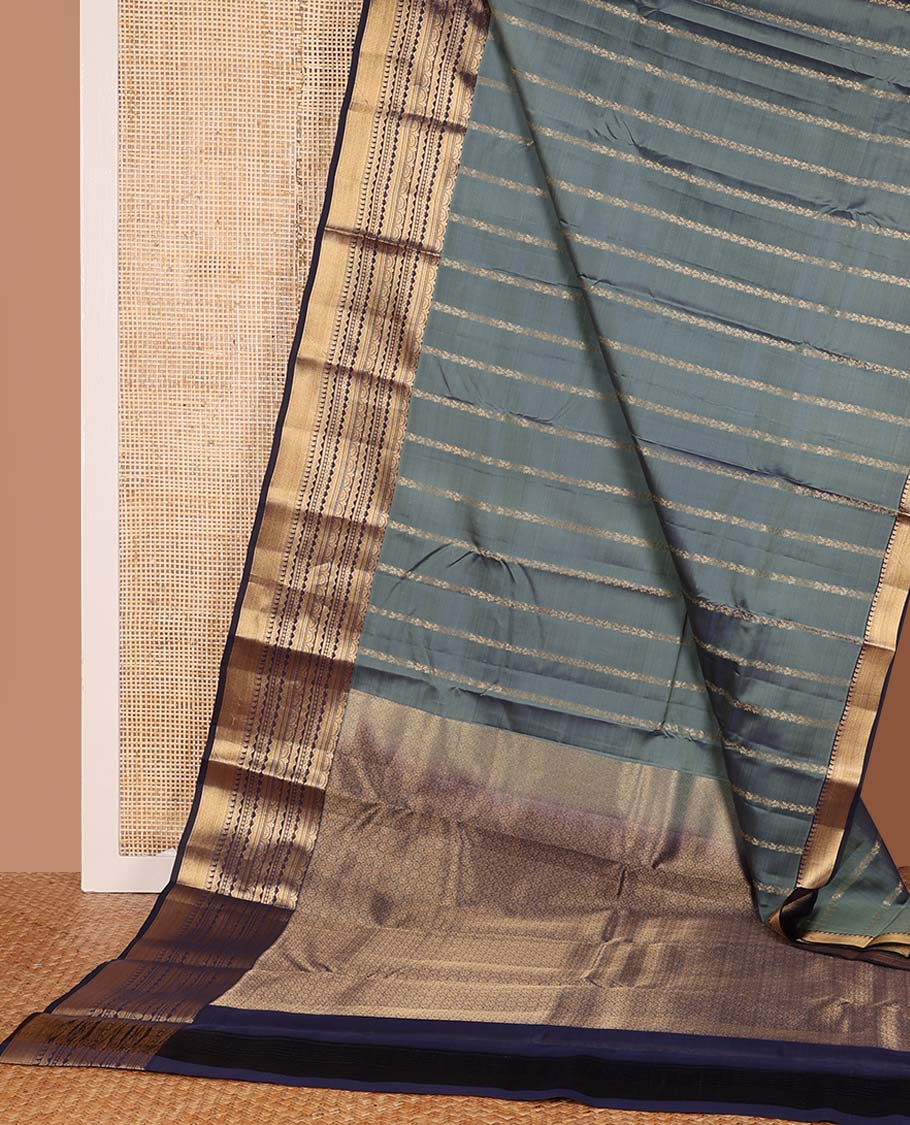 Grey zari stripes Vasundhara silk mix saree, contrast traditional scallop zari border, and jaal pallu