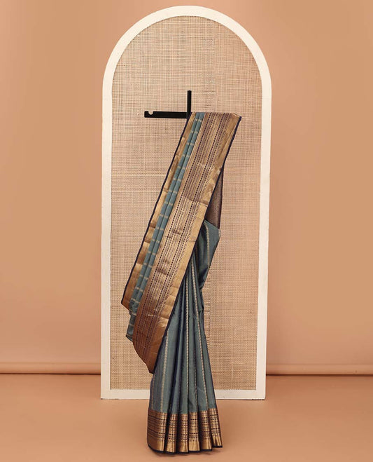 Grey zari stripes Vasundhara silk mix saree, contrast traditional scallop zari border, and jaal pallu