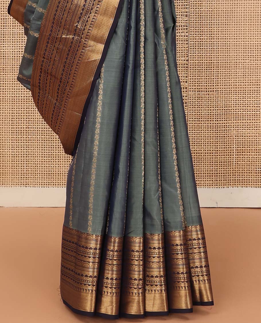 Grey zari stripes Vasundhara silk mix saree, contrast traditional scallop zari border, and jaal pallu