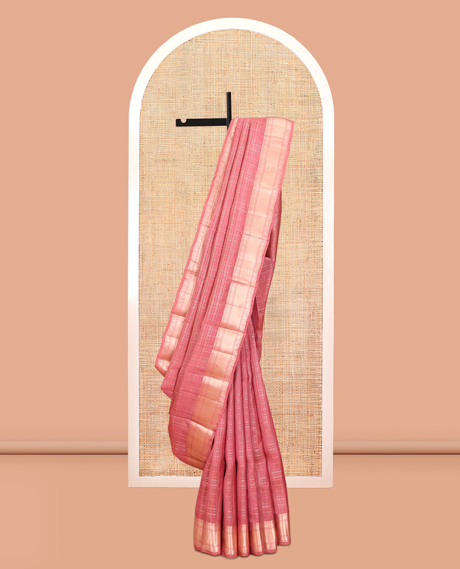 Pink Zari Checked Vasundhara Lite Silkmix Saree, a Mayil-Yaanai Border, Jaal Pallu, Matching Blouse