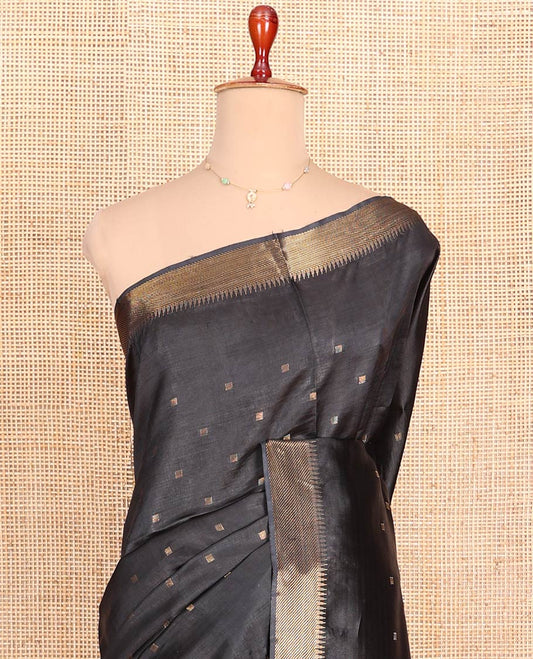 Black Banana Pith Saree Finely Crafted with Zari Buttas, Artfully Detailed Border with Zari Designs, Subtle Pallu of Zari Designs, and Paired with a Matching Blouse