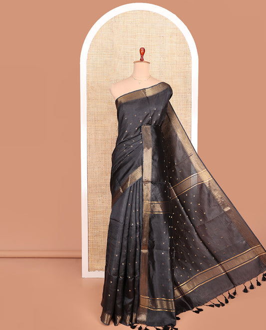 Black Banana Pith Saree Finely Crafted with Zari Buttas, Artfully Detailed Border with Zari Designs, Subtle Pallu of Zari Designs, and Paired with a Matching Blouse