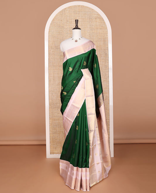 green floral buttas silk saree with contrast intricate zari design border & jaal pallu