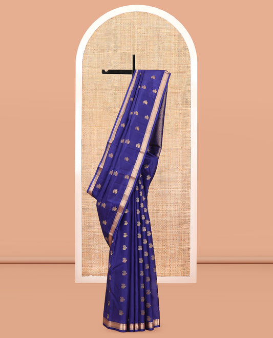 Blue Vasundhara Silk Saree, Subtly Woven with Zari Buttas, a Zari Border, Grand Jaal Pallu, and a Matching Blouse