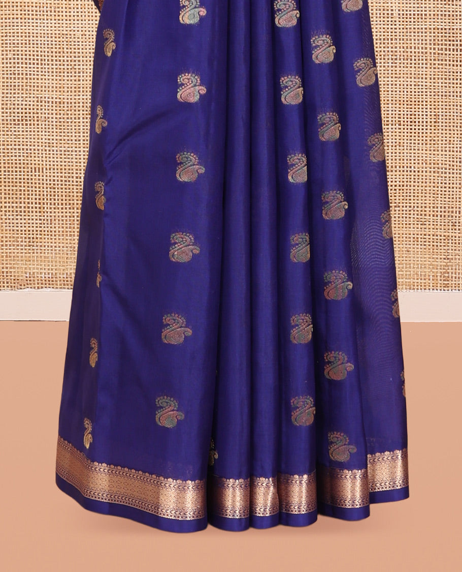 Blue Vasundhara Silk Saree, Subtly Woven with Zari Buttas, a Zari Border, Grand Jaal Pallu, and a Matching Blouse