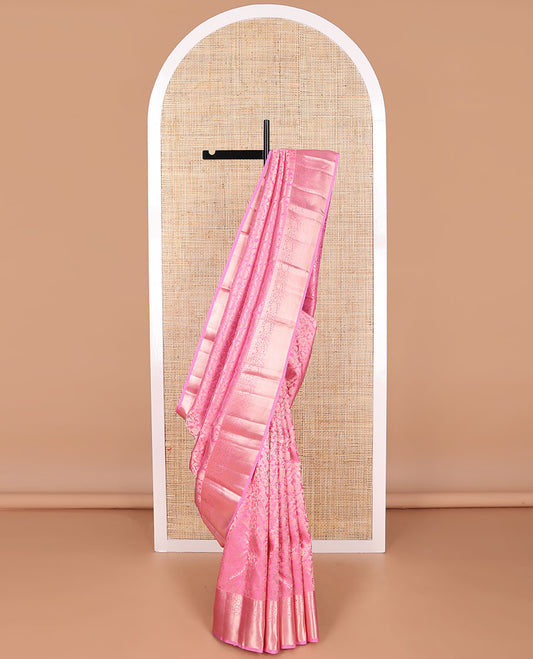 Pink floral jacquard kancheepuram silk saree with self border of manga, banaras, muthu, vanki design & zari design pallu