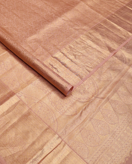 Dusky pink jacquard wedding silk saree, intricately zari-woven pallu & zari geometric patterned border