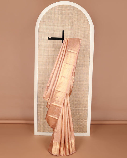 Dusky pink jacquard wedding silk saree, intricately zari-woven pallu & zari geometric patterned border