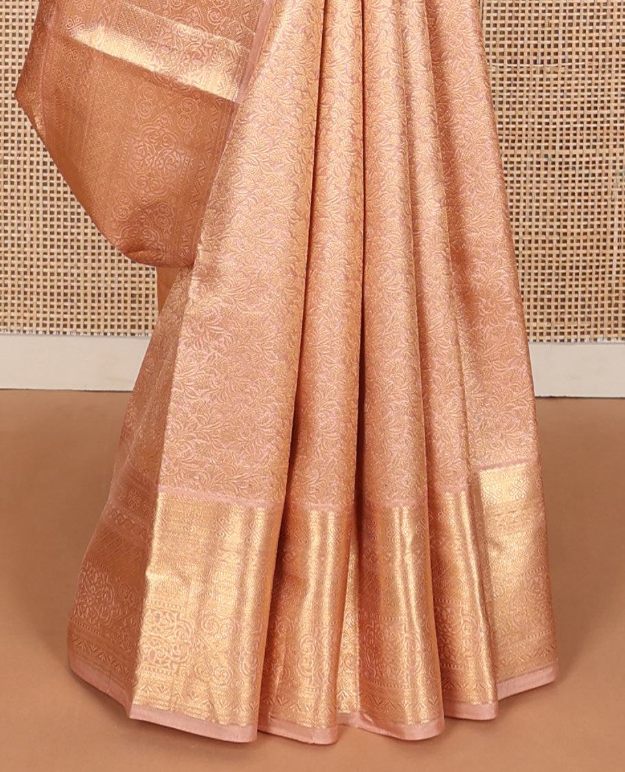 Dusky pink jacquard wedding silk saree, intricately zari-woven pallu & zari geometric patterned border