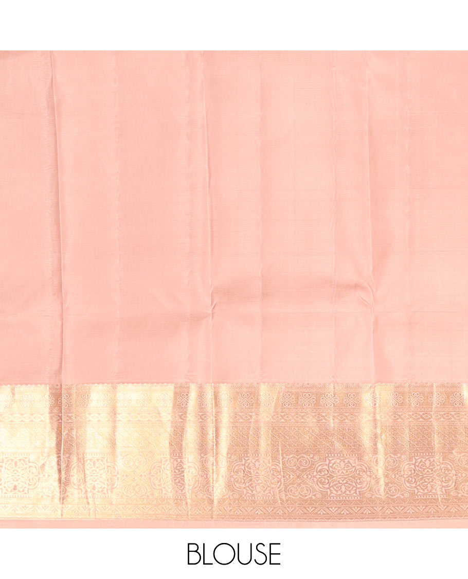 Dusky pink jacquard wedding silk saree, intricately zari-woven pallu & zari geometric patterned border