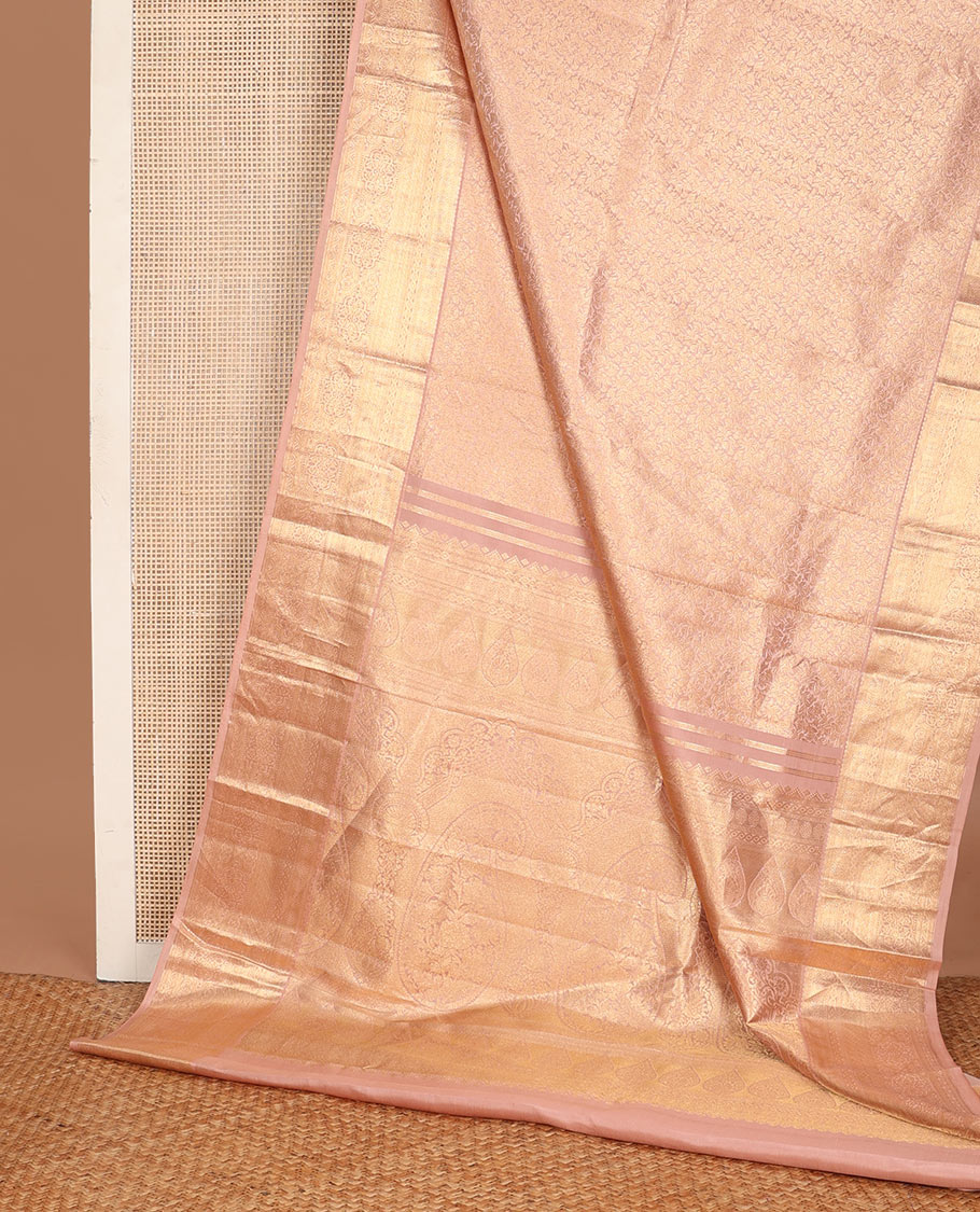 Dusky pink jacquard wedding silk saree, intricately zari-woven pallu & zari geometric patterned border