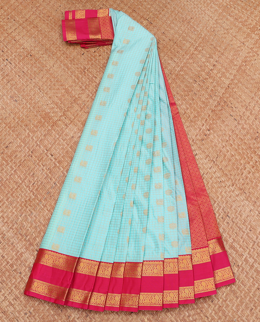 Blue Budget Silk Saree, Richly Detailed with Zari Buttas and Checks, Complemented by a Contrast Traditional Zari Rettai Pettu Border, Jaal Pallu, and Contrast Blouse