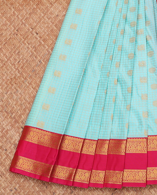 Blue Budget Silk Saree, Richly Detailed with Zari Buttas and Checks, Complemented by a Contrast Traditional Zari Rettai Pettu Border, Jaal Pallu, and Contrast Blouse