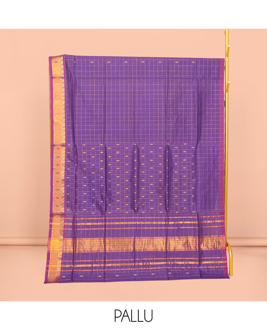 Violet Venkatagiri Cotton Saree, Accentuated with Butta Enclosed Checks, a Contrast Zari-Thread Border, Pallu of Stripes, and No Blouse