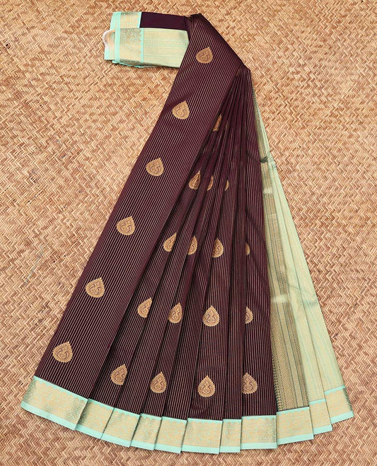 Maroon Budget Silk Saree, Beautifully Bedecked with Zari Buttas and Stripes, a Contrast Traditional Zari Border, Grand Pallu, and a Contrast Blouse