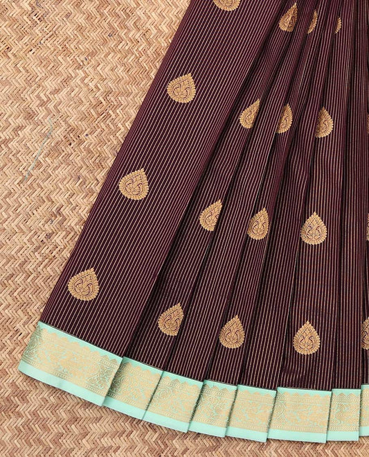 Maroon Budget Silk Saree, Beautifully Bedecked with Zari Buttas and Stripes, a Contrast Traditional Zari Border, Grand Pallu, and a Contrast Blouse