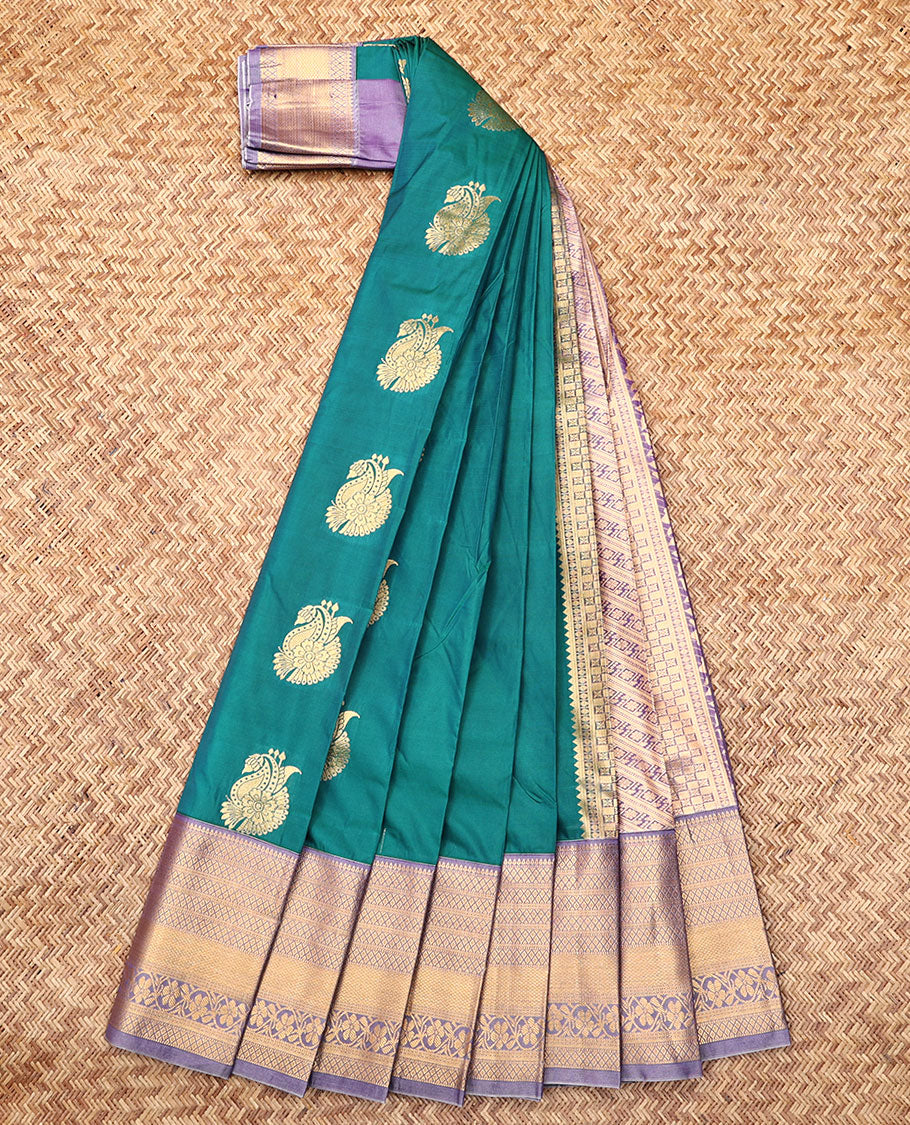 Green Budget Silk Saree, Enriched with Zari Buttas, Complemented by Contrast Traditional Zari Border, a Grand Pallu and a Contrast Blouse