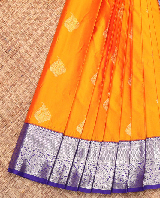 Orange Budget Silk Saree, Woven with Zari Buttas on Its Body, Complemented by a Contrast Traditional Zari Design Border, Pallu of Ogee Designs, and Paired with a Contrast Blouse