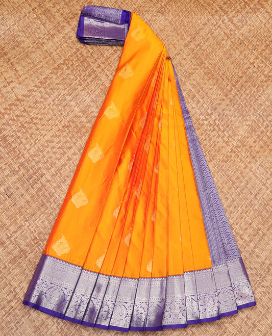 Orange Budget Silk Saree, Woven with Zari Buttas on Its Body, Complemented by a Contrast Traditional Zari Design Border, Pallu of Ogee Designs, and Paired with a Contrast Blouse