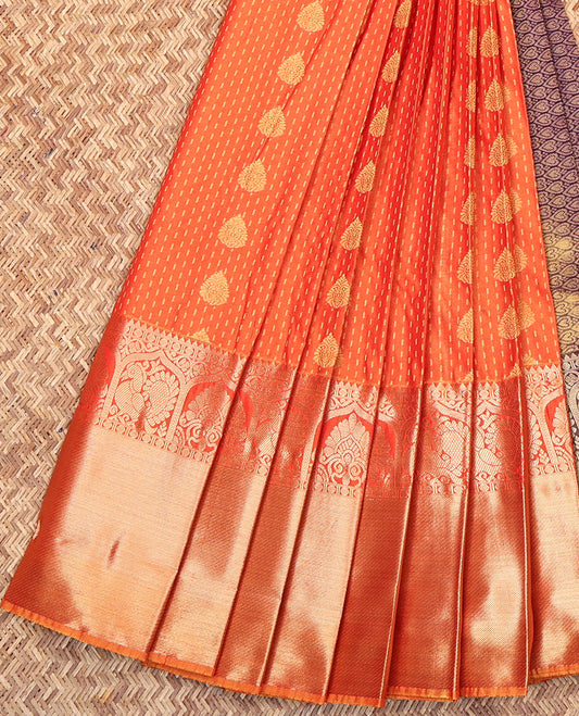 Orange Budget Silk Saree, Meticulously Crafted with Zari Buttas on Its Body, Complemented by a Traditional Zari Designs Woven Big Border, Pallu Steeped with Heart Designs, and Paired with a Contrast Blouse