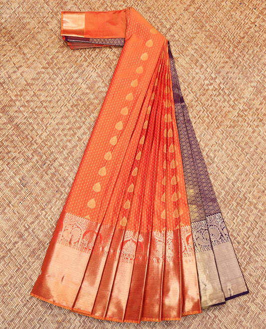 Orange Budget Silk Saree, Meticulously Crafted with Zari Buttas on Its Body, Complemented by a Traditional Zari Designs Woven Big Border, Pallu Steeped with Heart Designs, and Paired with a Contrast Blouse