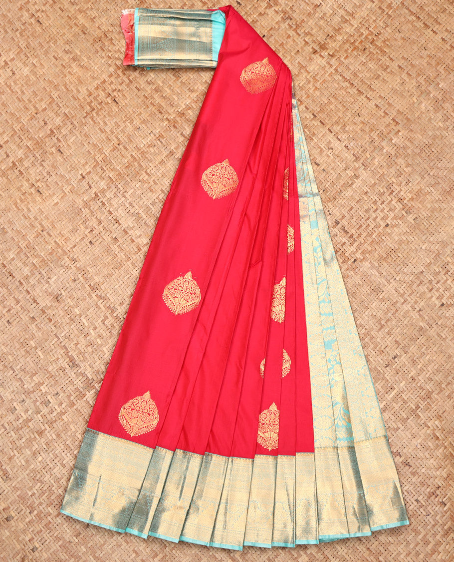 Red Budget Silk Saree, Opulently Embellished with Zari Buttas, Complemented by a Contrast Traditional Border, Grand Pallu, and a Contrast Blouse